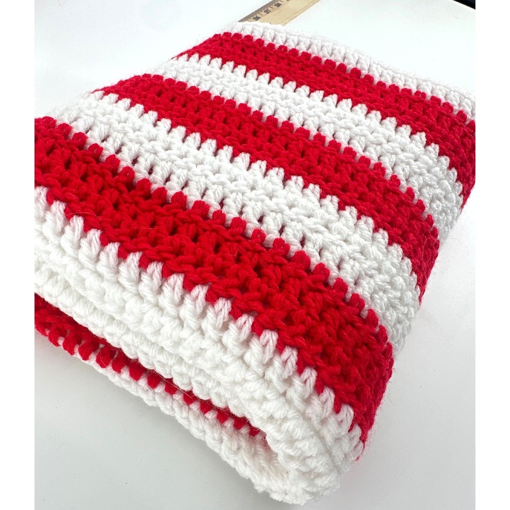 Handmade Crochet Afghan Blanket Red White Christmas Candy Cane Striped 24x40